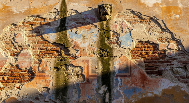 A weathered brick wall displays peeling plaster layers and a stone gargoyle face while elongated shadows cast by sunlight create a dramatic atmosphere across the historic Italian architectural