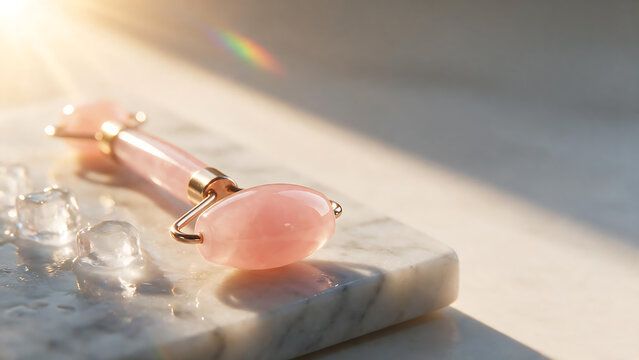 Rose quartz facial roller on marble with soft sunlight