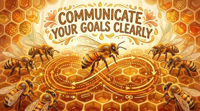 Bees communicating clearly with arrows on a honeycomb background with the text 'COMMUNICATE YOUR GOALS CLEARLY'