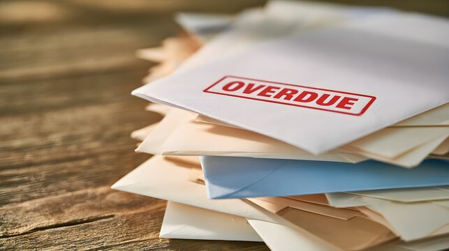 Overdue notice stamp on stack of unpaid bill envelopes, financial debt crisis paper mail, late payment notice concept on rustic wooden surface