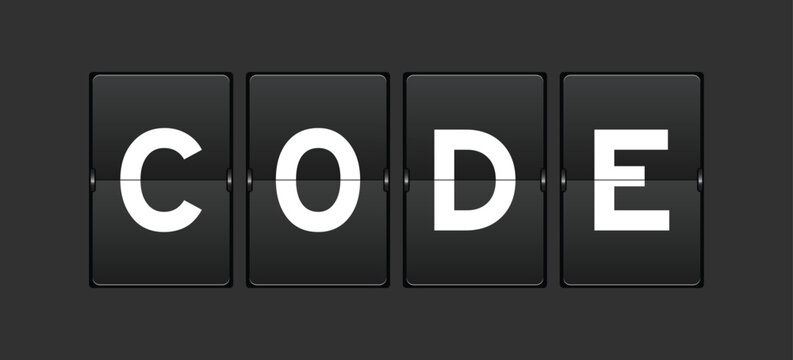 Black color analog flip board with word code on gray background