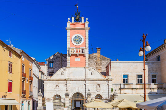 Historic Clock Tower on People`s square in Zadar, Dalmatia, Croatia
