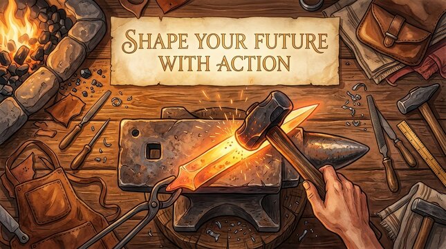 Blacksmith forging a glowing hot metal blade on an anvil with a hammer, sparks flying, inspiring message "Shape Your Future With Action"