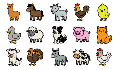 Naklejka premium A charming collection of cartoon farm animals, including a llama, horse, goat, rooster, duck, sheep, dog, pig, cat, cow, turkey, donkey, and chicken.