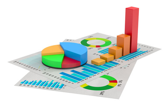 3D business charts sit on layered paper reports with bright pie slices, donut rings, and rising column bars. solated 3D illustration
