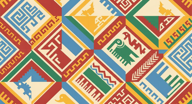 Vibrant rows of traditional mesoamerican patterns showcase intricate historical artistic styles featuring colorful geometric symbols and ancient glyphs that honor the rich heritage of indigenous