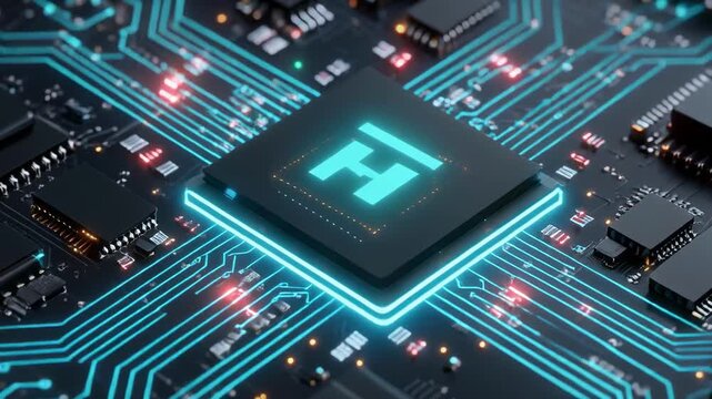 Abstract circuit board with glowing neon blue processor during digital innovation