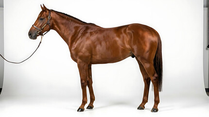 Obraz premium Brown thoroughbred horse standing against a white studio background.
