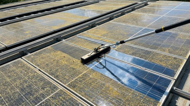 Cleaning dirty solar panels on a rooftop with a long-handled brush during daylight for energy efficiency