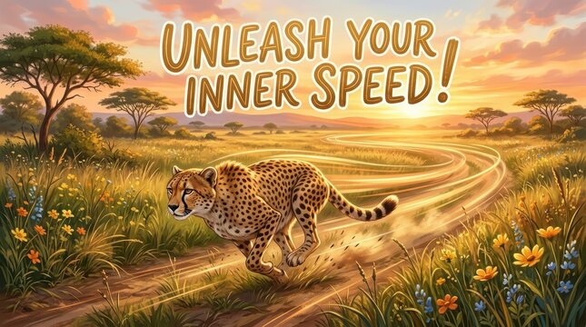 Cheetah sprinting down a winding savanna road at sunset, concept of speed, power, and motivation