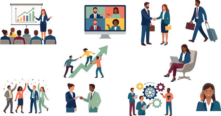 Fototapeta premium Set of business people working team meeting corporate characters vector illustration