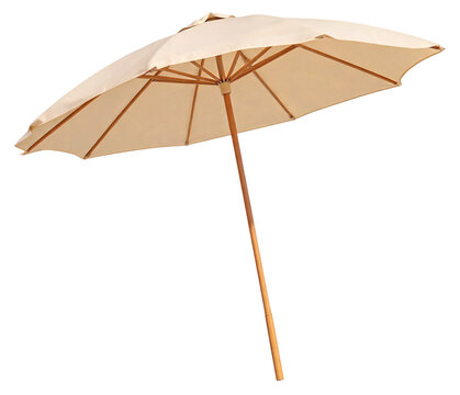 Outdoor patio umbrella with natural wood pole and beige canopy for shade
