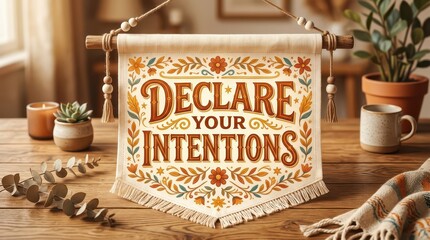 Obraz premium Decorative Banner Declares Your Intentions with Floral Pattern, Displayed on a Wooden Table with Plants and Candle