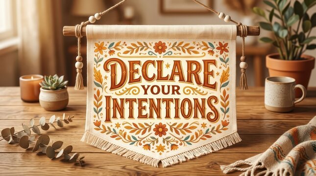 Decorative Banner Declares Your Intentions with Floral Pattern, Displayed on a Wooden Table with Plants and Candle