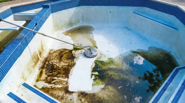 Empty swimming pool being cleaned with a pressure washer showing algae and dirt buildup during daytime exterior maintenance