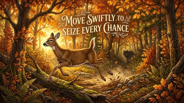 Deer running through autumn forest with wolf in background, inspirational text 'Move Swiftly to Seize Every Chance'