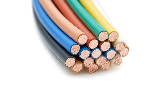 Close-up view of multicolored electrical cables bundle with exposed copper wire ends on clean white background, industrial hardware component