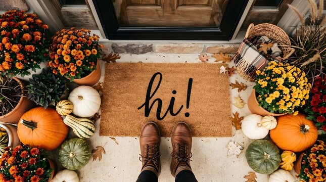 Person standing on decorated autumn doorstep