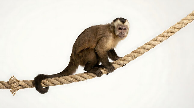 Capuchin monkey sitting on jute rope.