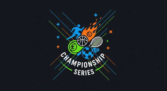 A vibrant championship series emblem displays diverse athletic equipment and silhouettes symbolizing competitive activity for athletes engaged in various professional global tournaments during