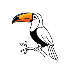 Naklejka premium A cartoon toucan with a large colorful beak perched on a branch with leaves, isolated on white.