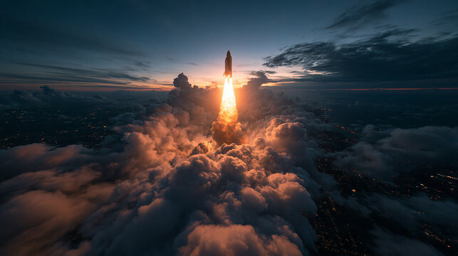 Rocket Launching Through Dramatic Clouds at Sunset