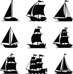 Sailboat icon set, sailing vessel silhouettes for nautical travel ocean adventure and maritime design projects © MdMotiur