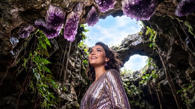 Elegant Woman Admiring Amethyst Crystals in Cave