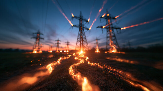 High Voltage Power Lines with Glowing Electrical Current at Dusk