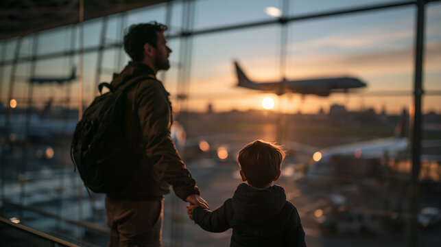 Father and Son Looking at Airplane at Airport Sunset