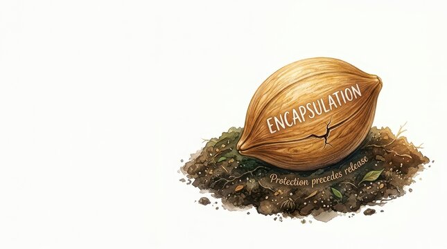 Encapsulation concept: a large seed in soil with the word 'encapsulation' written on it, symbolizing protection and eventual release