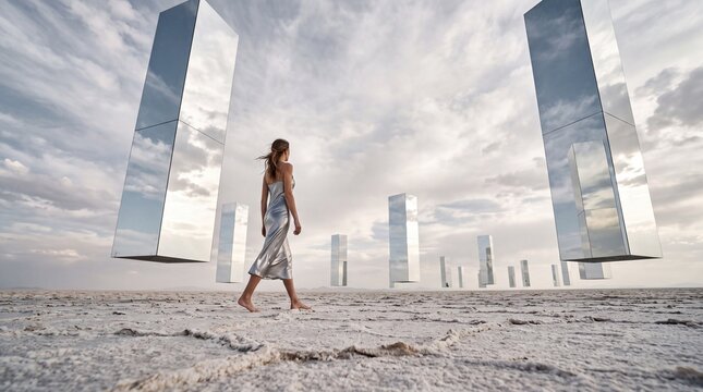 Woman Walking in Desert Surrounded by Floating Mirrored Monoliths