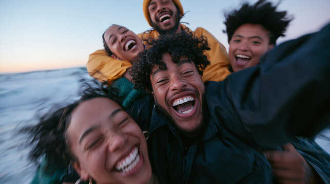 Happy Diverse Friends Taking Joyful Selfie on Beach