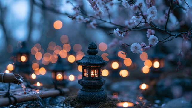 Japanese Stone Lantern with Blossoms and Glowing Lights