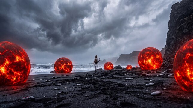 Surreal Black Sand Beach with Glowing Fiery Orbs