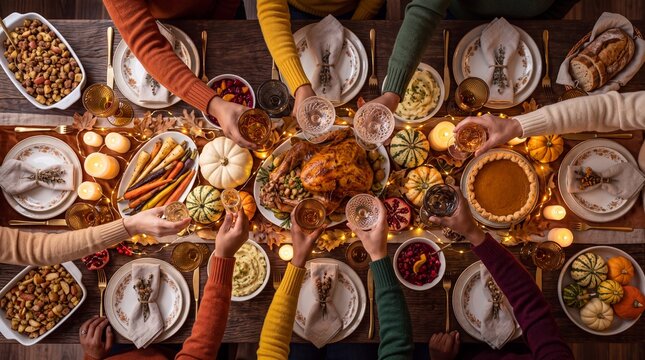 Family Toasting Over Festive Thanksgiving Turkey Dinner