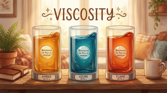 Demonstration of Viscosity: Three glasses filled with liquids of varying densities and colors, showing scientific concept with text labels.