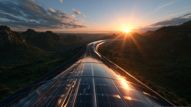 Futuristic Hyperloop Train Traveling Through Mountains at Sunset