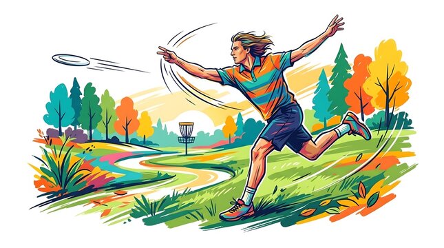 Man throwing frisbee in disc golf vector illustration