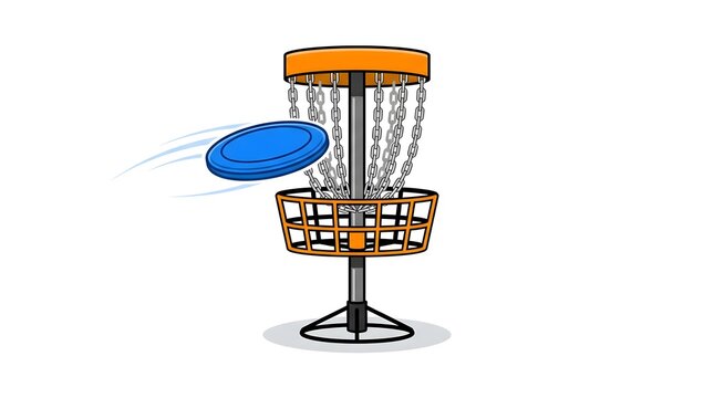 Disc golf vector with blue flying disc and metal target basket
