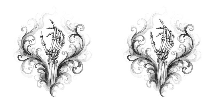 Ornate gothic skeleton hand watercolor illustration with baroque filigree scrollwork flourish, dark fantasy occult bone art element isolated on transparent background for Halloween tattoo PNG cutouts.