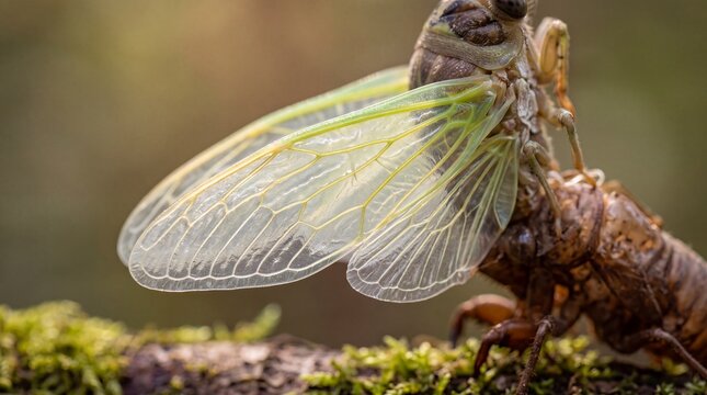 Cicada Emerging from Exoskeleton with Translucent Wings
