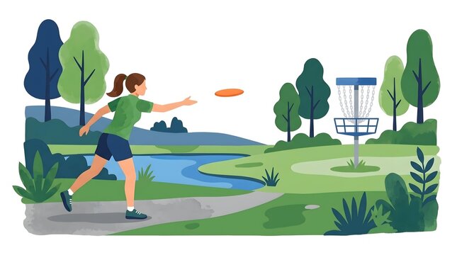 Woman playing disc golf vector in scenic park near river