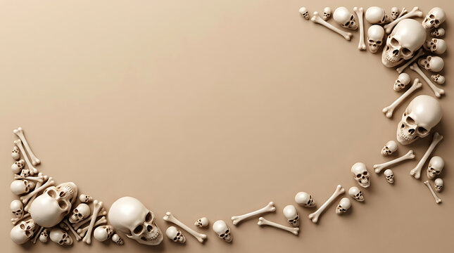 Decorative border made of human skulls and bones arranged on a plain light brown background for halloween themes