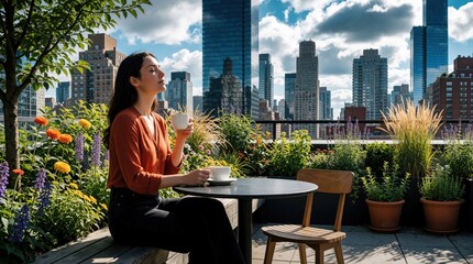 Obraz premium Woman enjoys coffee on urban rooftop garden with city skyline view. She sits alone on bench in green space, appreciating morning sun and warm beverage, finding calm amidst skyscrapers.