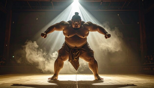 Traditional Japanese Sumo Wrestler Performing Powerful Shiko Leg Stomp Ritual