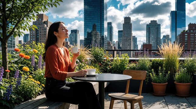 Woman enjoys coffee on urban rooftop garden with city skyline view. She sits alone on bench in green space, appreciating morning sun and warm beverage, finding calm amidst skyscrapers.
