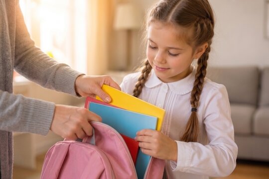 &egrave;re aidant sa petite fille heureuse &agrave; pr&eacute;parer son sac &agrave; dos pour l'&eacute;cole. Routine matinale, &eacute;ducation et concept de rentr&eacute;e scolaire &agrave; la maison