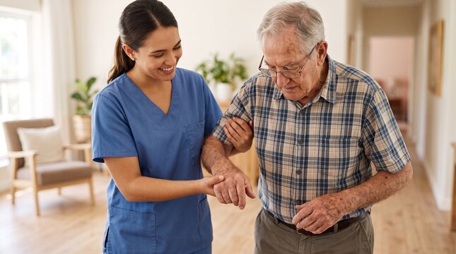 > Compassionate female nurse gently helping an elderly man to walk. Home caregiver providing physical assistance, senior care and mobility rehabilitation concept.