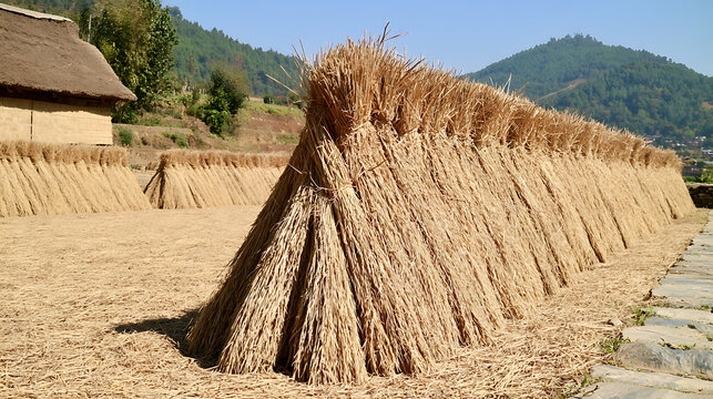 Bundles of harvested rice crop oryza sativa drying in the sun on bamboo poles in a rural Asian farming village during autumn season sun